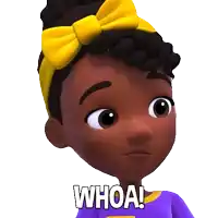 a cartoon girl with a yellow bow and the words whoa