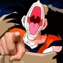goku from dragon ball z is pointing at the camera with his mouth open and his tongue sticking out .