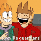 two cartoon characters are smiling and laughing with the words cwcville guardians behind them