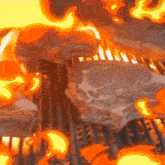 steaks are cooking on a grill with flames coming out of it