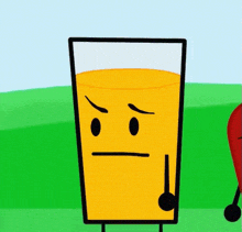 a glass of orange juice has an angry face and a thermometer sticking out of it 's mouth .