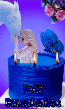 a blue birthday cake with a woman and a horse on it