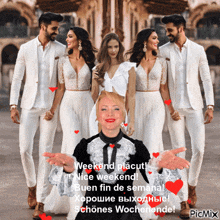 a picture of a woman sitting in front of a group of people with the caption weekend placut nice weekend bueno fin de semana