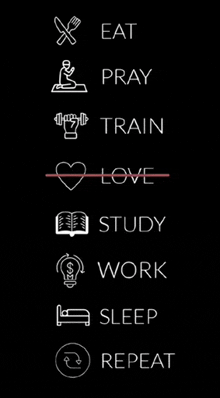 a poster that says eat pray train love study work sleep and repeat .
