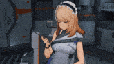 a girl in a maid outfit is standing in a room with the letter b on the wall behind her