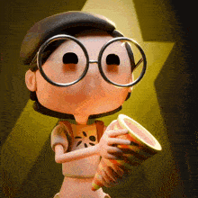 a cartoon character wearing glasses and a hat holds a cone