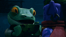 a frog with orange eyes is sitting next to a purple figure
