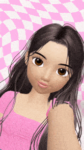 a cartoon girl is taking a selfie with a checkered background