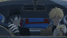 two anime characters are sitting in a car and one is looking at a phone
