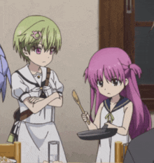 a girl with pink hair is holding a pan and a spoon