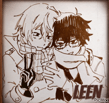 a black and white drawing of two anime characters with the word leen on the bottom right