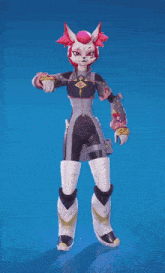 a cartoon character with red hair and a sword in her hand is standing on a blue background
