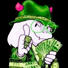 a cartoon character is wearing a green hat and glasses and holding a fan of money .