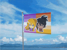 a rainbow flag with a picture of two girls on it