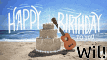 a birthday card for wil with a guitar and a sand castle