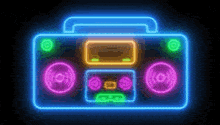 a neon sign of a boombox is glowing in the dark .