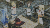 a group of anime characters standing around a table with a map on it