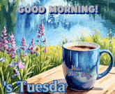 a cup of coffee sits on a wooden table with the words good morning tuesday