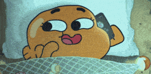 a cartoon character is laying on a bed with a cell phone