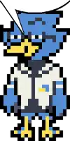 a pixel art drawing of a blue bird with a yellow beak .