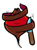 a cartoon drawing of a red object with a knife sticking out of it