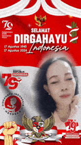 a poster that says selamat dirgahayu indonesia with a woman 's face on it
