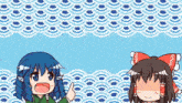 two anime girls are standing next to each other with a blue background