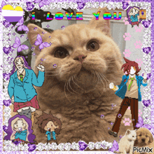 a picture of a cat in a purple frame with the words love you on top