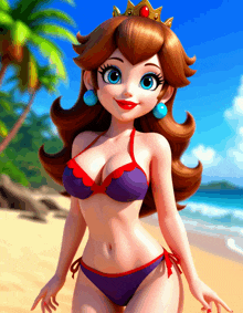 princess peach is wearing a bikini and a crown on the beach