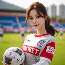 a woman holding a soccer ball that says sbobet