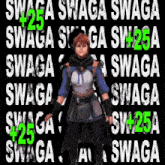 a woman stands in front of a black background that says swaga swaga swaga swaga swaga swaga