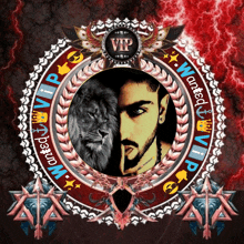 a lion and a man in a circle with the words vip wanted in the middle
