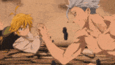 a man and a girl are arm wrestling and the man is shirtless