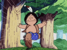 a cartoon character with a feather on his head and a blue bag