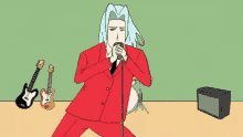 a cartoon of a man singing into a microphone with guitars in the background