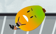 a cartoon drawing of a yellow and green object with a white face