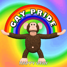 a stuffed monkey stands in front of a rainbow with the words gay pride written around it