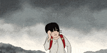 a cartoon of a boy standing in the rain with a red backpack