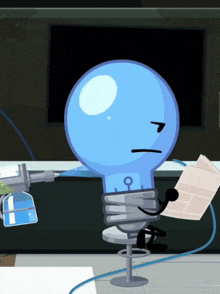 a light bulb is tied to a chair and holding a piece of paper and a spray gun
