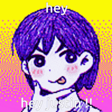 a picture of a boy with purple hair and the words hey hey justin