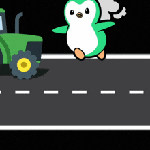 a green and white penguin standing on a road with a green tractor in the background