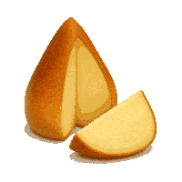 a piece of cheese is cut in half on a white surface