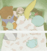 a teddy bear with a blue shirt is sitting on a bed next to a rabbit