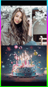 a woman is sitting next to a birthday cake with candles on it
