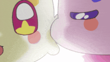 a close up of a cartoon character 's face with a yellow star on it