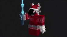 a fox is wearing a santa hat and holding a sword in his hand .