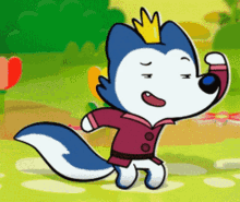 a cartoon husky wearing a crown and a jacket