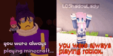 a picture of a girl playing minecraft next to a picture of a girl in a pink outfit