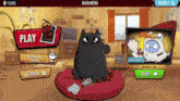 a cartoon cat is sitting on a red pillow in front of a main menu