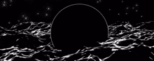 a black and white drawing of a planet in the middle of the ocean .